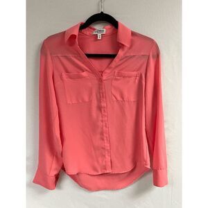 Express Womens Long Sleeve Casual High Low Hem The Portofino Shirt Pink Sz XS